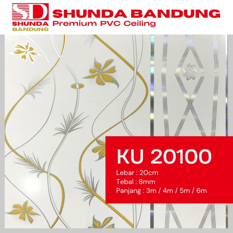 Contoh motif Shunda Plafon PVC KU 20100 yang menampilkan kombinasi bunga emas dengan kelopak oranye dan pola belah ketupat perak.