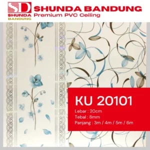Contoh motif Shunda Plafon PVC KU 20101 dengan pola abstrak modern berwarna biru muda dan abu-abu, memiliki batas tepi dekoratif vertikal.