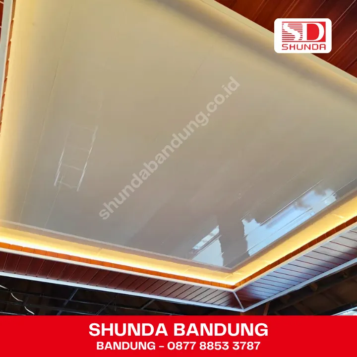 Plafon PVC putih polos dengan model drop dilengkapi dengan plafon pvc motif kayu dan lampu LED di sekitarnya